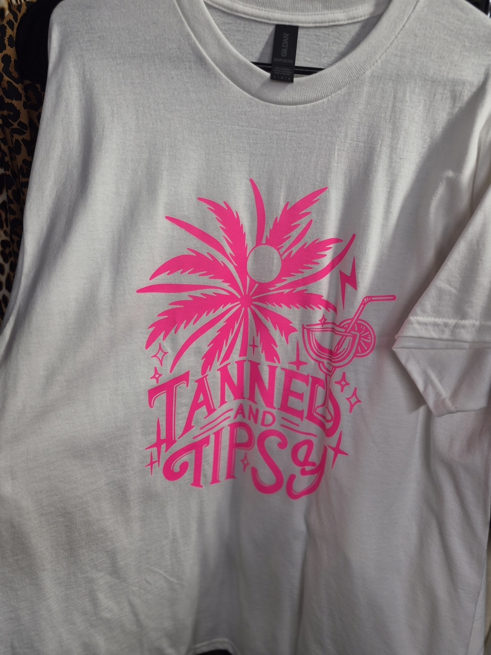 Gildan White Tee with Neon Pink 'Tanned and Tipsy' Graphic